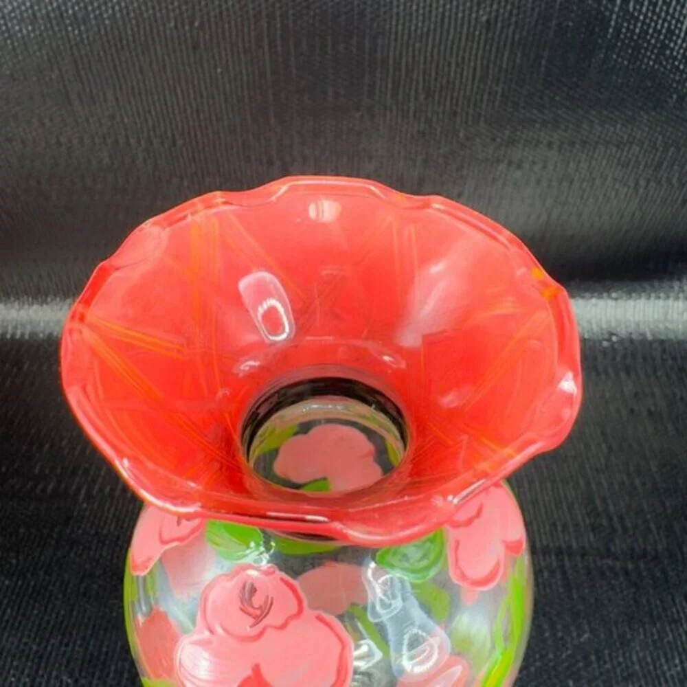 Vintage‎ Hand Painted Glass Vase Vessel Multicolored Red Rose Glass Decorative